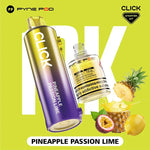 Load image into Gallery viewer, Pyne Pod Click &quot;Pineapple Ice&quot; starter kit, comprising a gold and grey vape device with flavour label and a 10ml bottle of nicotine e-liquid (20mg/ml), displayed next to a whole pineapple and a slice of pineapple, on a bright blue background. &quot;Product contains nicotine, a highly addictive substance&quot; is also visible on the e-liquid bottle.
