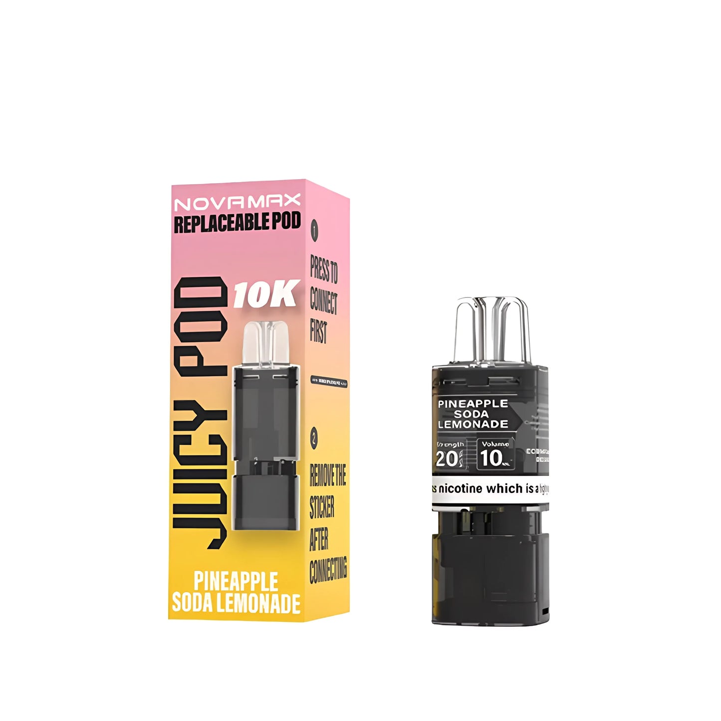 Juicy Pod Novamax 10K Pre-filled Replacement Pod – Pineapple Soda Lemonade Juicy 10K Prefilled Pods flavor, premium vape refill with 10,000 puff capacity and 20mg nicotine strength