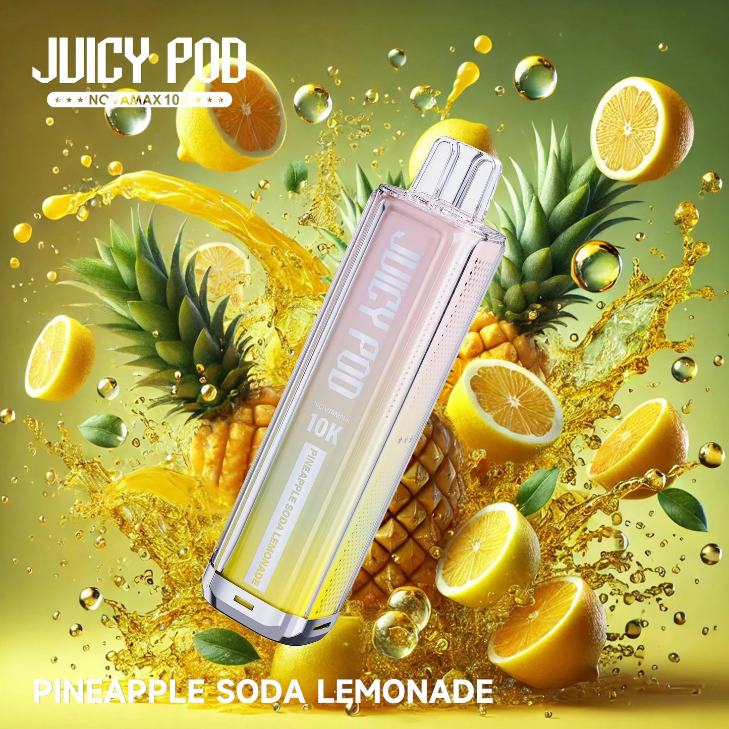 Juicy Pod Novamax 10K Puff Prefilled Pod Kit – Pineapple Soda Lemonade Juicy Pod 10K flavor with vibrant fruity splash visuals, premium vape device with intense taste and 10,000 puff capacity