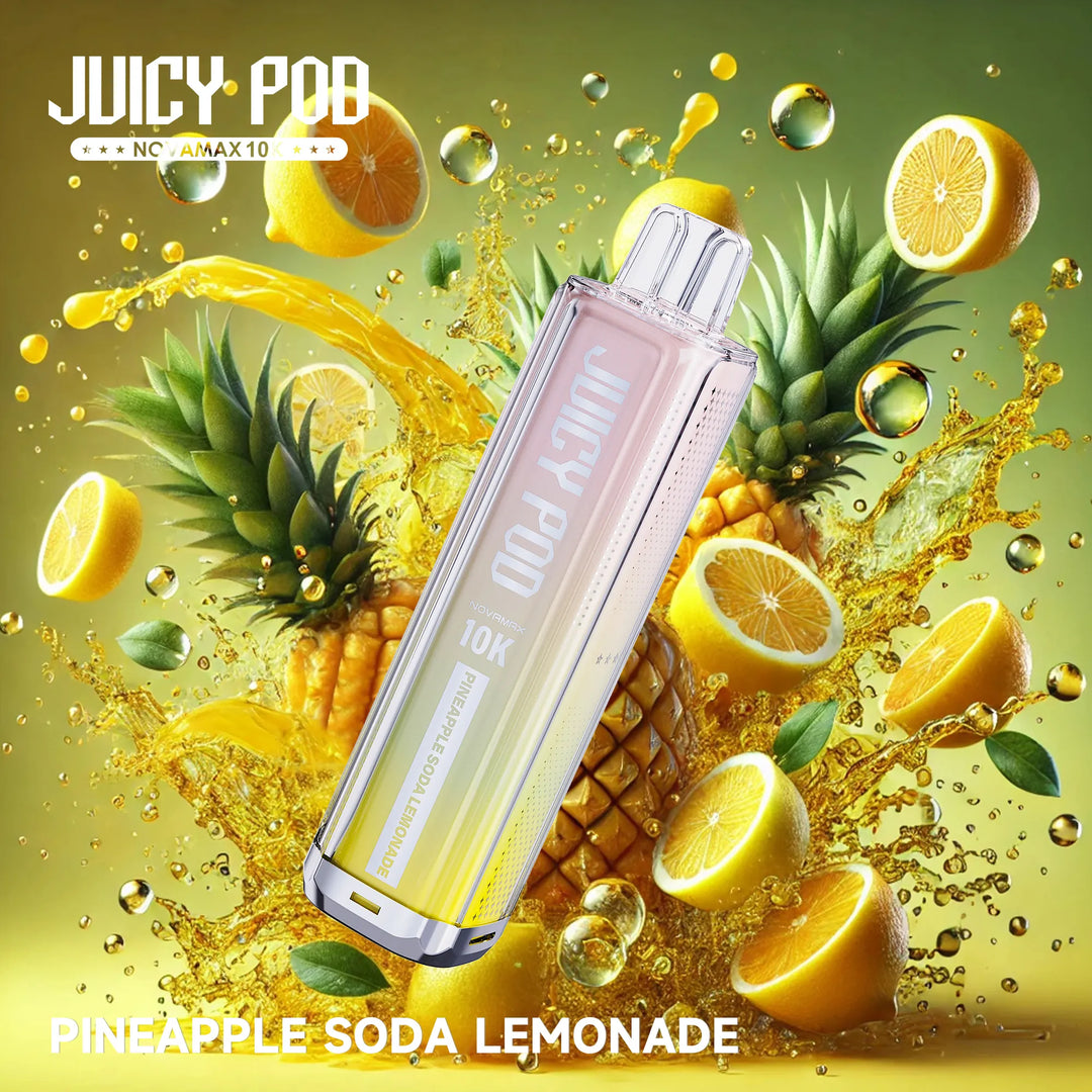 Juicy Pod Novamax 10K Puff Prefilled Pod Kit – Pineapple Soda Lemonade Juicy Pod 10K flavor with vibrant fruity splash visuals, premium vape device with intense taste and 10,000 puff capacity
