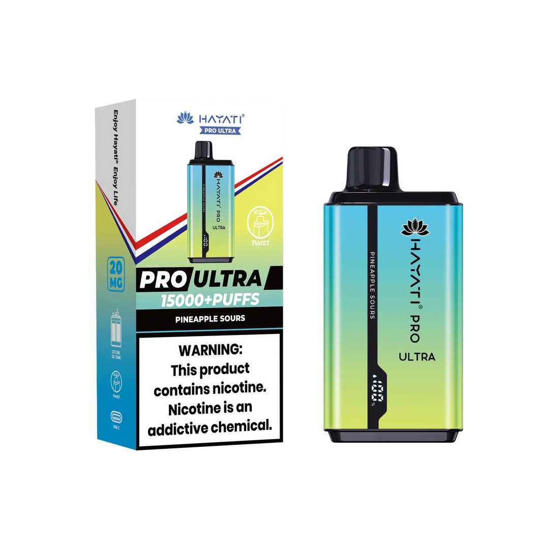 Hayati Pro Ultra disposable vape in Pineapple Sours flavor, displayed alongside its yellow and green packaging that emphasizes '15000+ puffs' and includes a caution about nicotine.