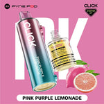 Load image into Gallery viewer, Pyne Pod Click &quot;Pink Purple Lemonade&quot; starter kit, comprising a pink and purple gradient vape device with flavour label and a 10ml bottle of nicotine e-liquid (20mg/ml), displayed next to a sliced pink grapefruit and a lemon, on a bright pink background. &quot;Product contains nicotine, a highly addictive substance&quot; is also visible on the e-liquid bottle.
