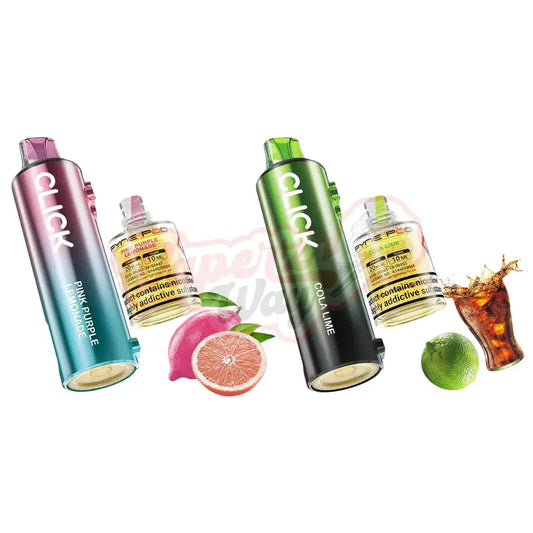 Close-up studio shot of two Pyne Pod Click disposable vapes: a pink gradient vape pen labelled "Pink Purple Lemonade" and a green gradient vape pen labelled "Cola Lime", with scattered fruit and drink elements representing the flavours.
