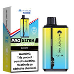 Load image into Gallery viewer, Visual of Hayati Pro Ultra disposable vape in Rainbow flavor, with the product next to its multicolored, yellow-gradient packaging that details &#39;15000+ puffs&#39; and carries a health warning.
