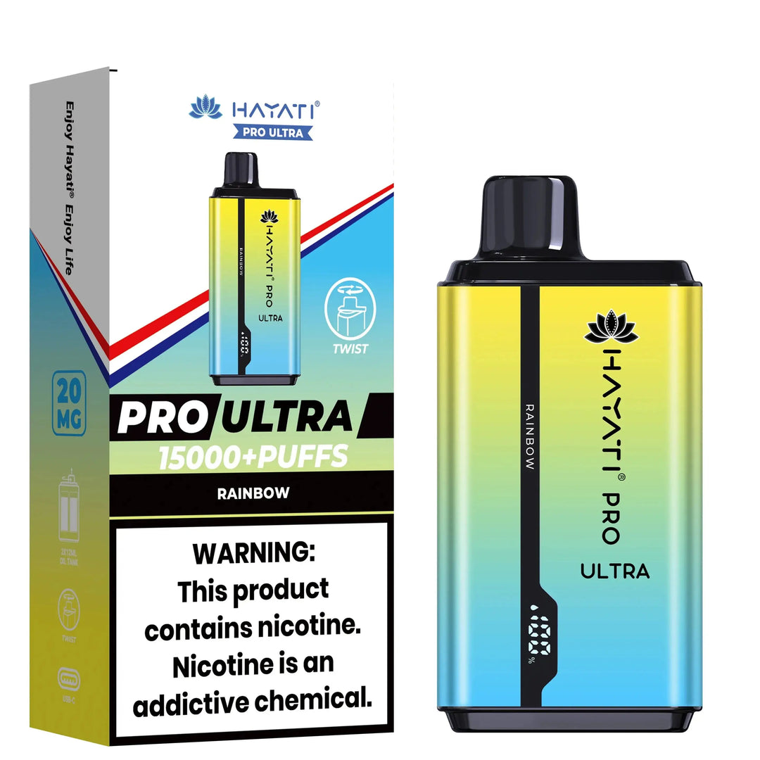 Visual of Hayati Pro Ultra disposable vape in Rainbow flavor, with the product next to its multicolored, yellow-gradient packaging that details '15000+ puffs' and carries a health warning.