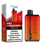 Load image into Gallery viewer, Hayati Pro Ultra disposable vape in Raspberry Cola flavor, depicted with the device next to its orange and red packaging that highlights the &#39;15000+ puffs&#39; capacity and includes a nicotine warning.
