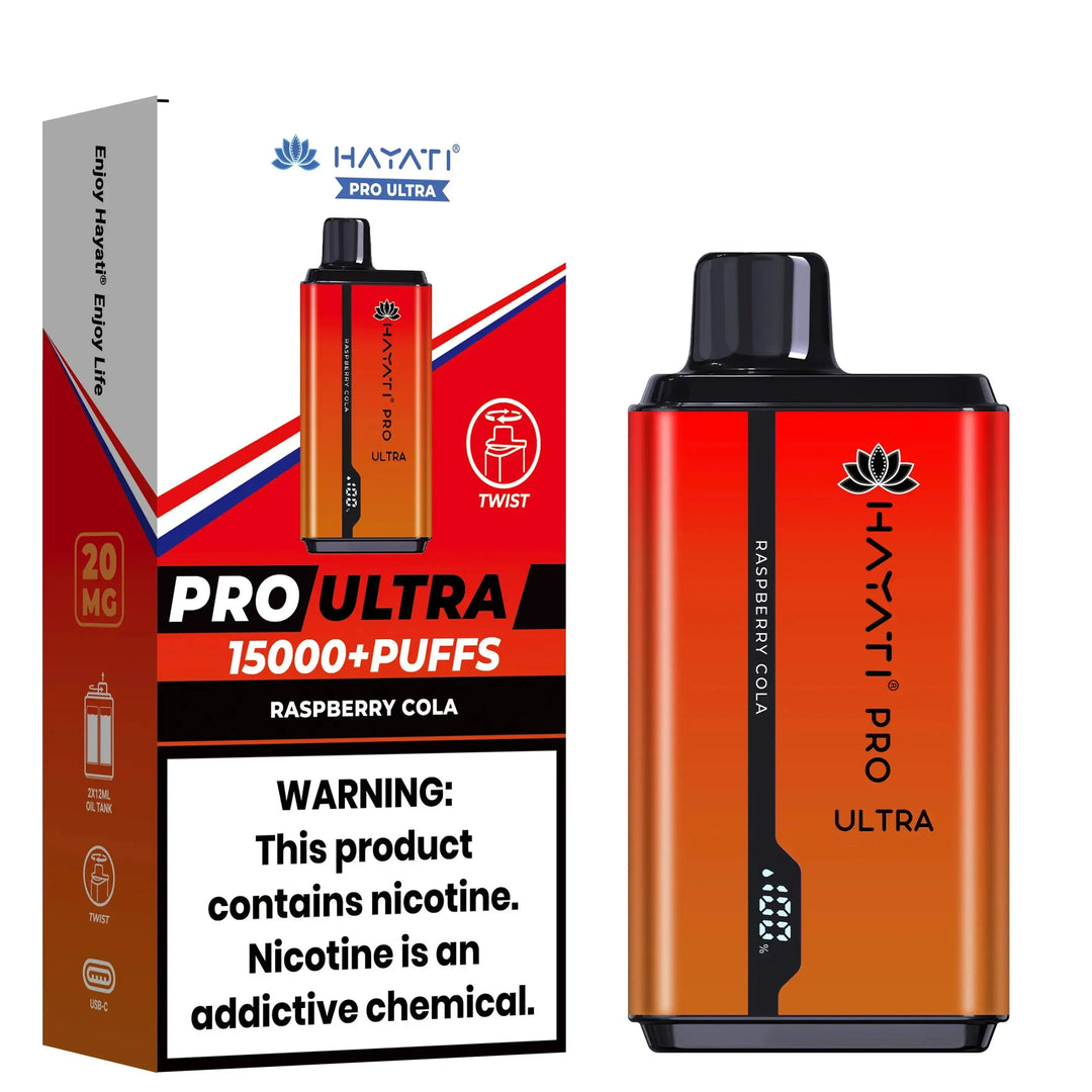 Hayati Pro Ultra disposable vape in Raspberry Cola flavor, depicted with the device next to its orange and red packaging that highlights the '15000+ puffs' capacity and includes a nicotine warning.