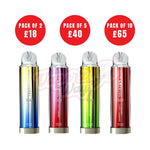 Load image into Gallery viewer, A photo of four disposable vape devices from the Sire CrystalNow line. The devices are lined up in a row and come in different colors and flavors: Rainbow, Fizzy Cherry, Watermelon, and Blueberry Cherry Cranberry. Each device has 4500 puffs, a 2% nicotine concentration, and is available in packs of 2, 5, and 10. The image also includes pricing information for each pack size.
