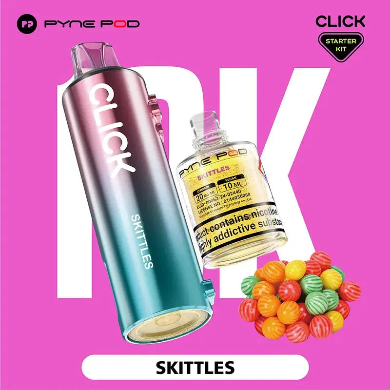 Pyne Pod Click "Skittles" starter kit, comprising a teal and pink gradient vape device with flavour label and a 10ml bottle of nicotine e-liquid (20mg/ml), displayed next to a pile of colourful Skittles candies, on a bright pink background. "Product contains nicotine, a highly addictive substance" is also visible on the e-liquid bottle.