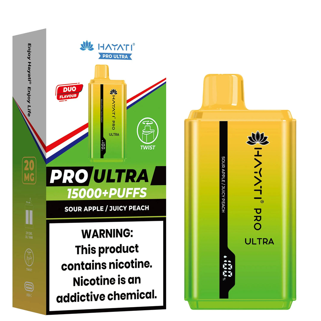 Image of Hayati Pro Ultra disposable vape in Sour Apple and Juicy Peach flavors, presented alongside its green and yellow packaging, which includes a '15000+ puffs' statement and health advisories.