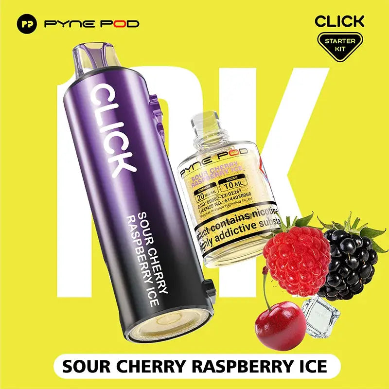 Pyne Pod Click "Sour Cherry Raspberry Ice" starter kit, comprising a purple and grey vape device with flavour label and a 10ml bottle of nicotine e-liquid (20mg/ml), displayed next to a bright red cherry, a ripe raspberry, a dark blackberry, and a clear ice cube, on a bright yellow background. "Product contains nicotine, a highly addictive substance" is also visible on the e-liquid bottle.