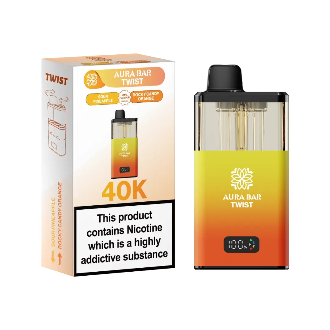 Sour Pineapple and Rocky Candy Orange dual flavour vape by Crystal Prime Aura Bar Twist 40K Puff Vape