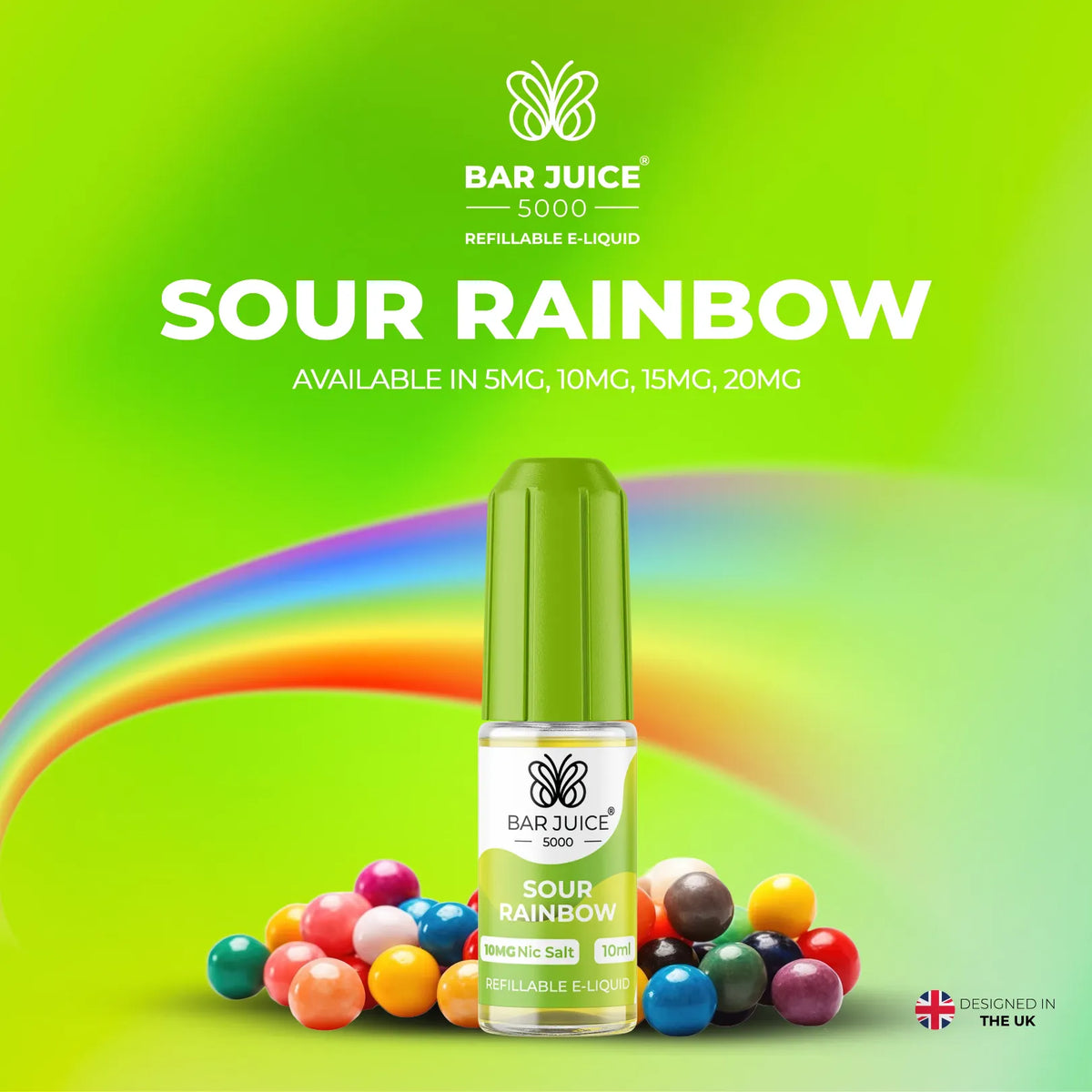 5mg, 10mg, 15mg and 20mg Sour Rainbow Flavour Bar Juice 5000 Nic Salts E-liquid