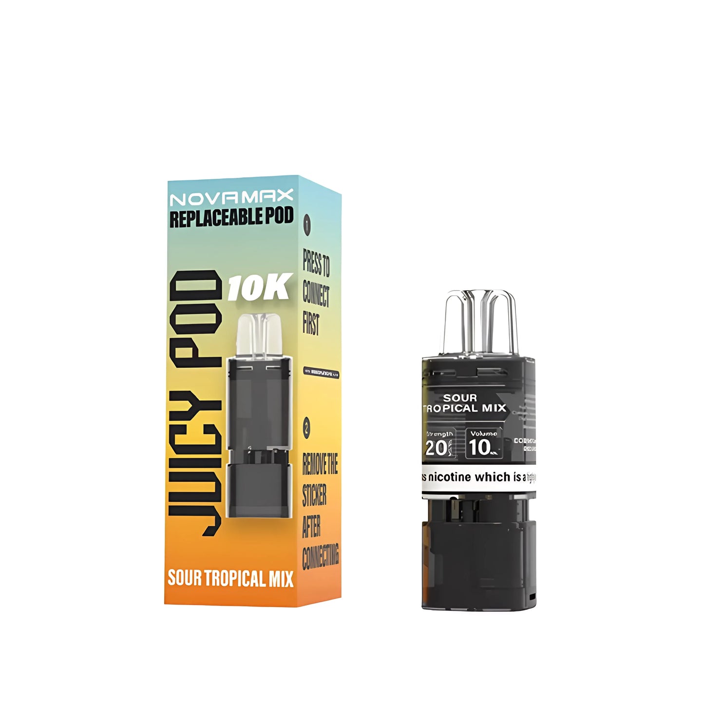 Juicy Pod Novamax 10K Pre-filled Replacement Pod – Sour Tropical Mix Juicy 10K Prefilled Pods flavor, premium vape refill with 10,000 puff capacity and 20mg nicotine strength