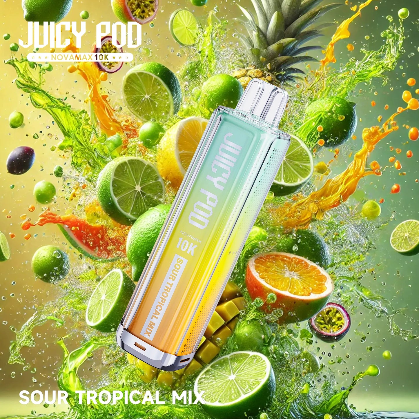 Juicy Pod Novamax 10K Puff Prefilled Pod Kit – Sour Tropical Mix Juicy Pod 10K flavor with vibrant fruity splash visuals, premium vape device with intense taste and 10,000 puff capacity