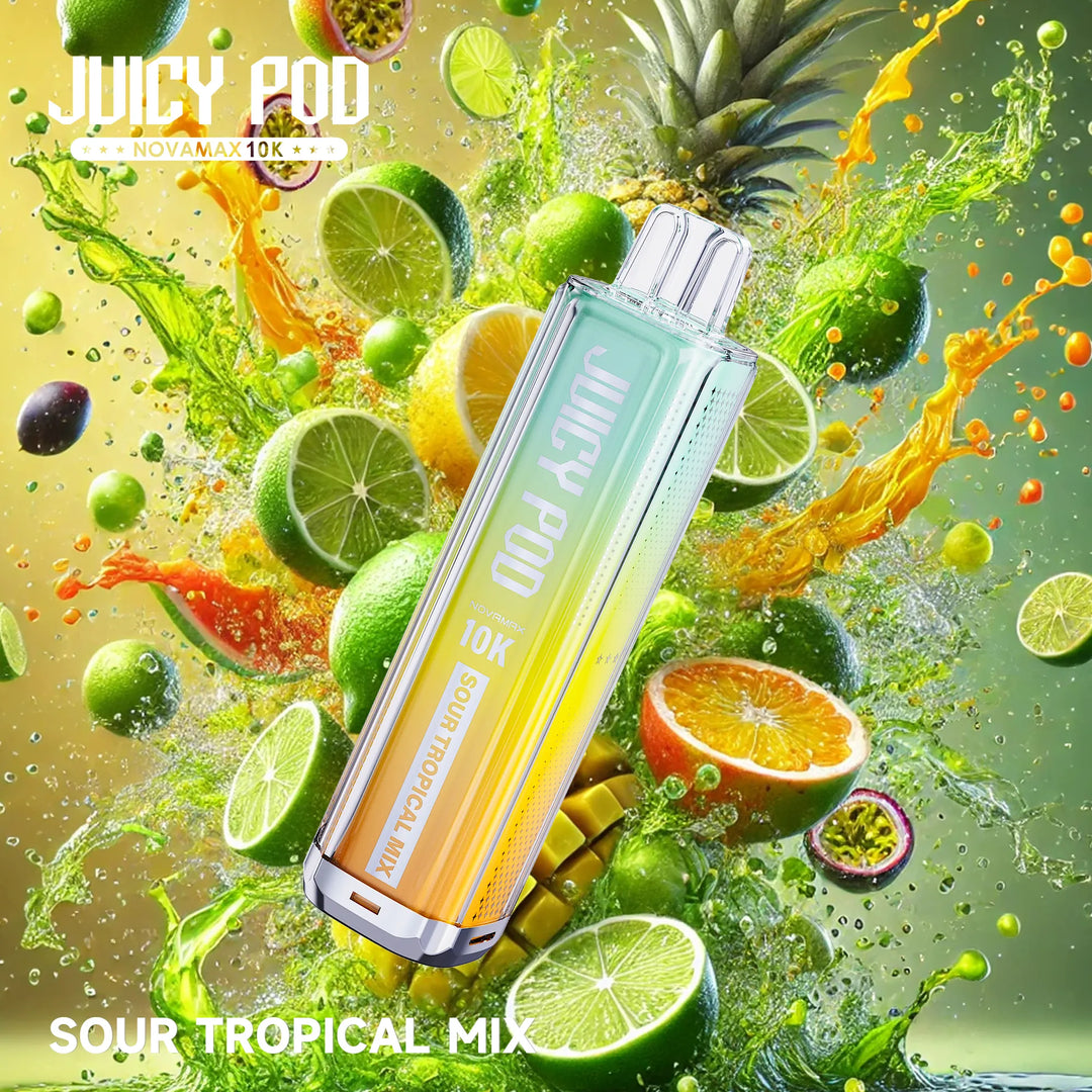 Juicy Pod Novamax 10K Puff Prefilled Pod Kit – Sour Tropical Mix Juicy Pod 10K flavor with vibrant fruity splash visuals, premium vape device with intense taste and 10,000 puff capacity