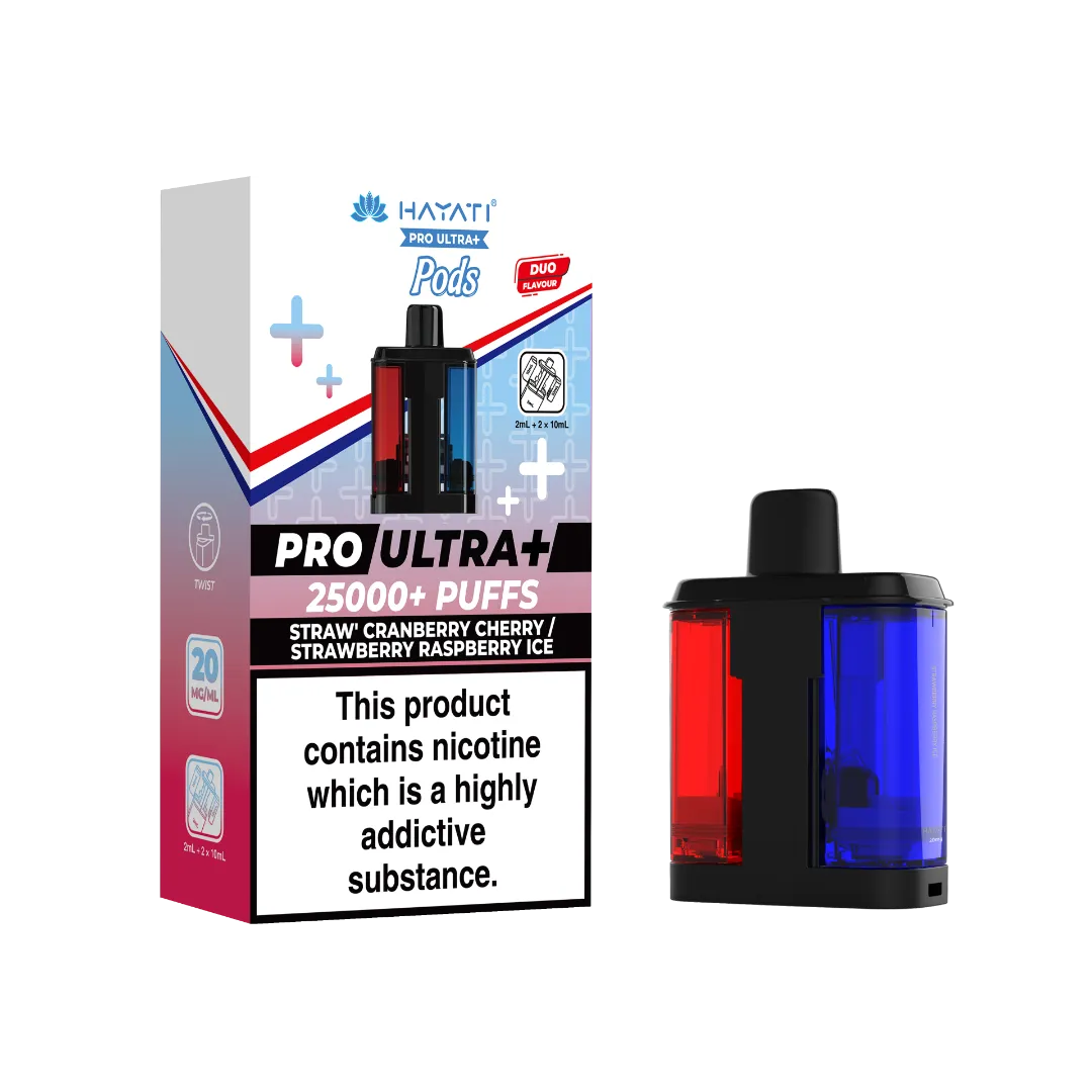 Straw Cranberry Cherry and Strawberry Raspberry Ice Hayati Pro Ultra Plus 25k Pre-filled Replacement Pods