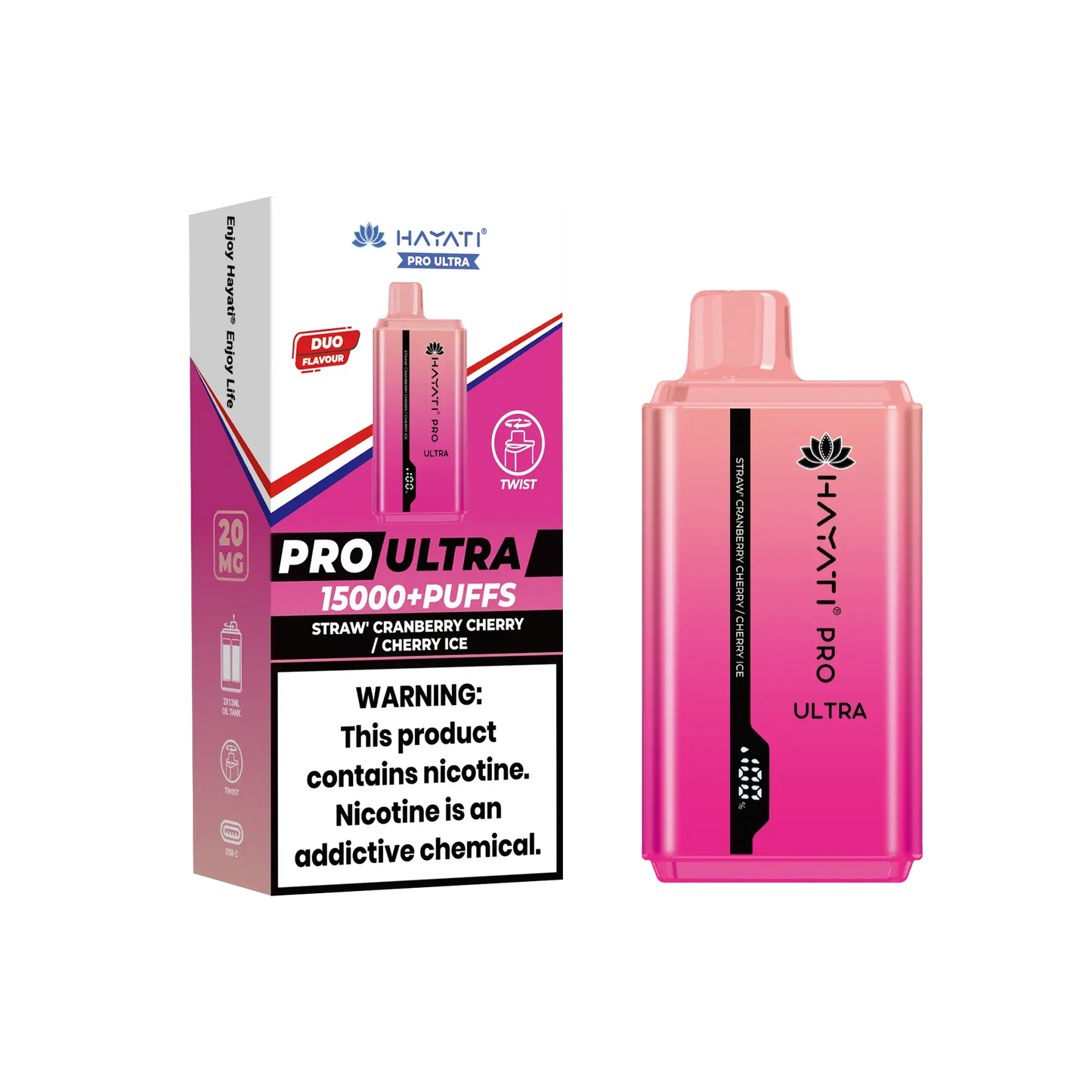 Hayati Pro Ultra disposable vape in Straw Cranberry Cherry and Cherry Ice flavors, shown with its pink packaging, indicating '15000+ puffs' and featuring a dual flavor description and a nicotine warning.
