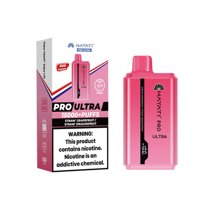 Packaging and device for Hayati Pro Ultra disposable vape in Straw Grapefruit and Straw Dragonfruit flavors, showcasing a pink container and a dual flavor label with health warnings.