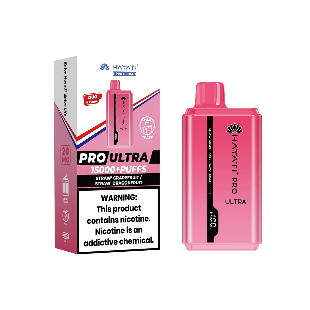 Packaging and device for Hayati Pro Ultra disposable vape in Straw Grapefruit and Straw Dragonfruit flavors, showcasing a pink container and a dual flavor label with health warnings.