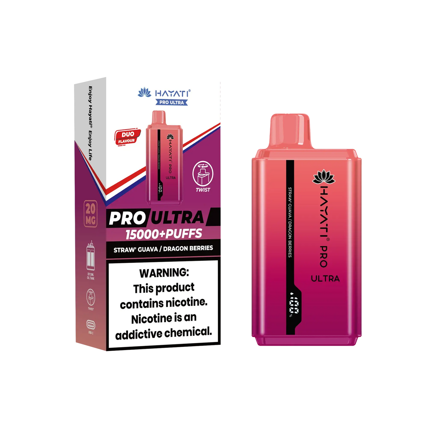 Hayati Pro Ultra disposable vape in Straw Guava and Dragon Berries flavor, featured next to its pink box highlighting '15000+ puffs' and the dual flavor option, with a prominent nicotine warning.