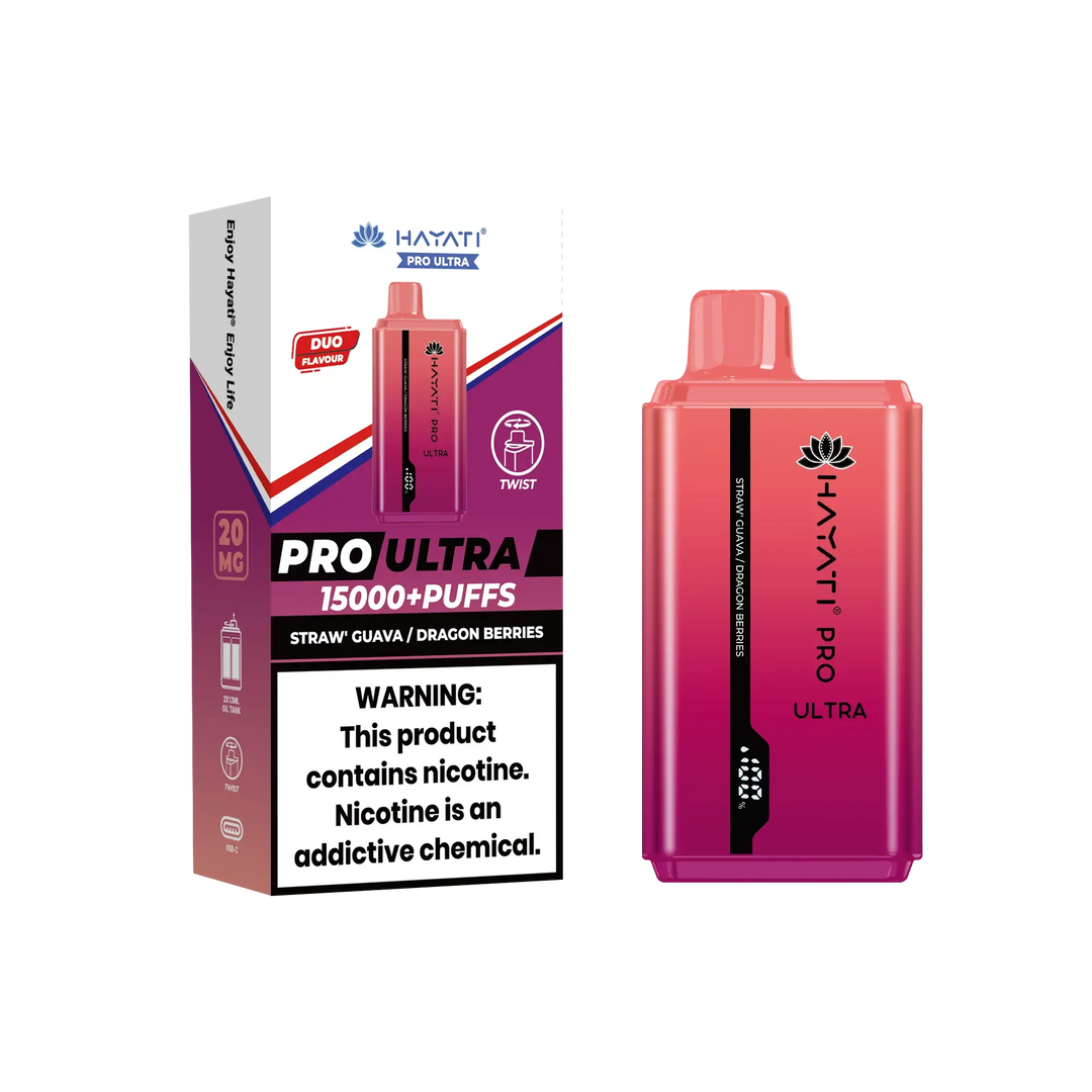 Hayati Pro Ultra disposable vape in Straw Guava and Dragon Berries flavor, featured next to its pink box highlighting '15000+ puffs' and the dual flavor option, with a prominent nicotine warning.