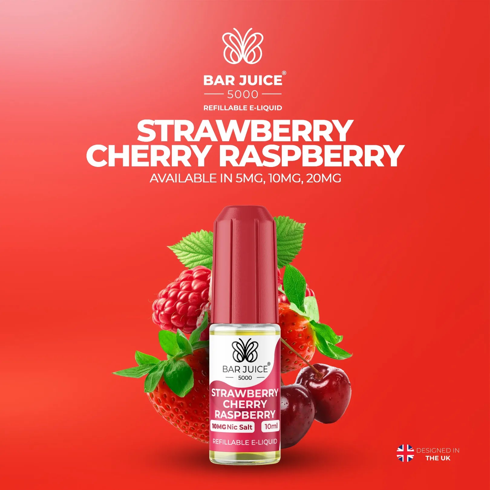 5mg, 10mg and 20mg Strawberry Cherry Raspberry Flavour Bar Juice 5000 Nic Salts E-liquid