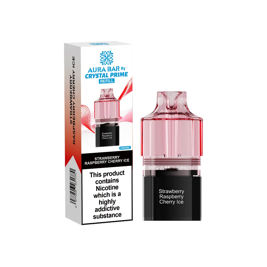 strawberry raspberry cherry iceflavour aura bar by crystal prime 10k pre-filled replacement pods