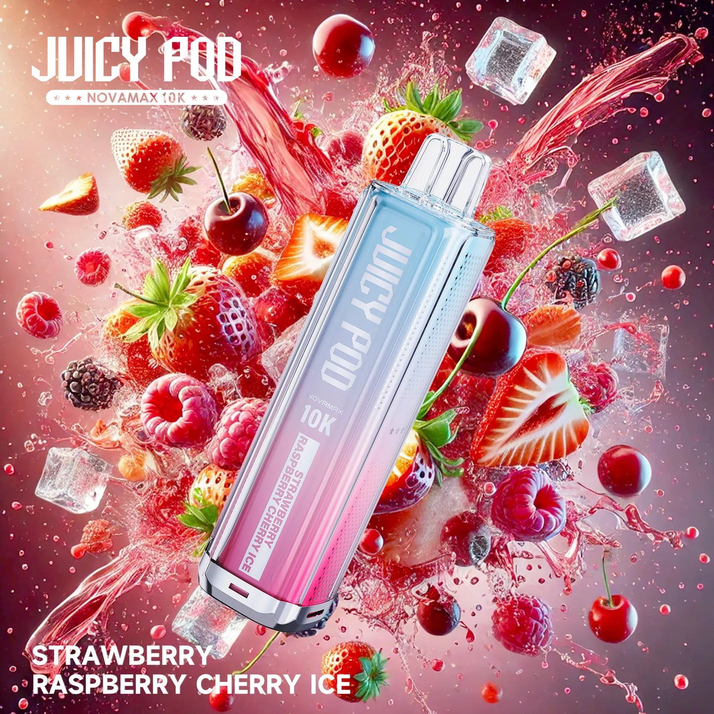 Juicy Pod Novamax 10K Puff Prefilled Pod Kit – Strawberry Raspberry Cherry Ice Juicy Pod 10K flavor with vibrant fruity splash visuals, premium vape device with intense taste and 10,000 puff capacity