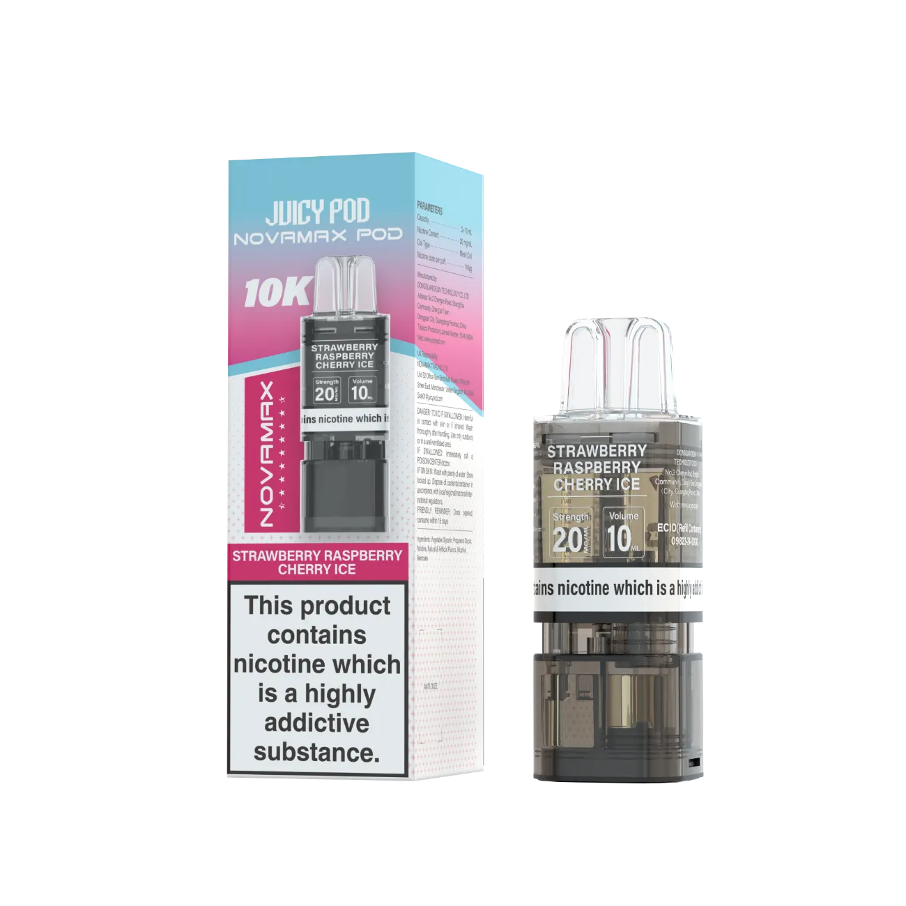 Juicy Pod Novamax Pod 10K pre-filled pod in Strawberry Raspberry Cherry Ice flavour