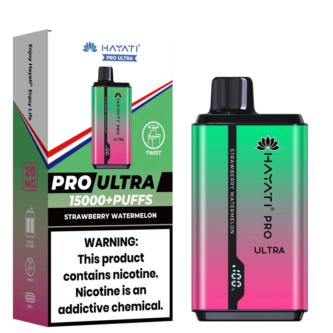 Hayati Pro Ultra disposable vape in Strawberry Watermelon flavor, displaying the device alongside its vibrant green and pink packaging, which states '15000+ puffs' and a nicotine warning.