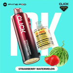 Load image into Gallery viewer, Pyne Pod Click &quot;Strawberry Watermelon&quot; starter kit, comprising a red and black vape device with flavour label and a 10ml bottle of nicotine e-liquid (20mg/ml), displayed next to a ripe strawberry and a small watermelon, on a bright yellow background. &quot;Product contains nicotine, a highly addictive substance&quot; is also visible on the e-liquid bottle.
