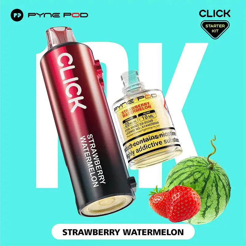 Pyne Pod Click "Strawberry Watermelon" starter kit, comprising a red and black vape device with flavour label and a 10ml bottle of nicotine e-liquid (20mg/ml), displayed next to a ripe strawberry and a small watermelon, on a bright yellow background. "Product contains nicotine, a highly addictive substance" is also visible on the e-liquid bottle.