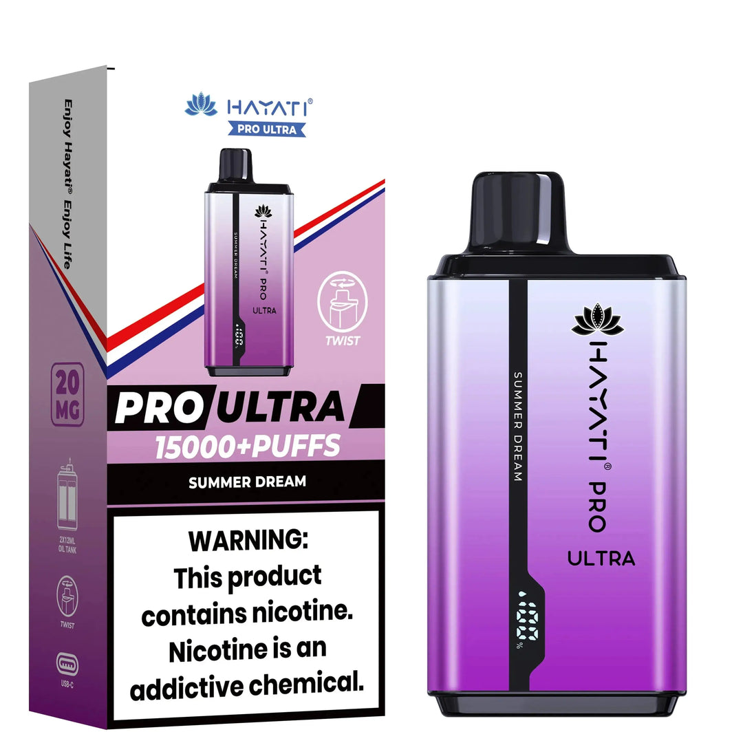 Hayati Pro Ultra Vape in Summer Dream flavor, with a purple and blue color scheme, displaying extensive puff count and nicotine advisories.