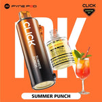 Load image into Gallery viewer, Pyne Pod Click &quot;Summer Punch&quot; starter kit, comprising a brown and gold vape device with flavour label and a 10ml bottle of nicotine e-liquid (20mg/ml), displayed next to a styled glass of summer punch featuring a lemon slice and a red and white straw, on a bright orange background. &quot;Product contains nicotine, a highly addictive substance&quot; is also visible on the e-liquid bottle.
