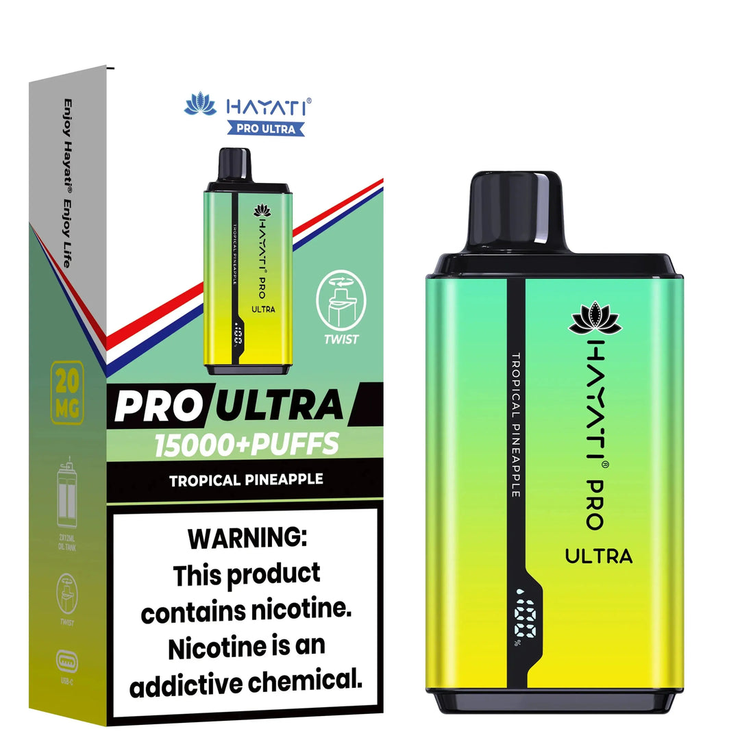 Packaging and vape device for Hayati Pro Ultra in Tropical Pineapple flavor, featuring a green-yellow gradient and information on features and health warning.