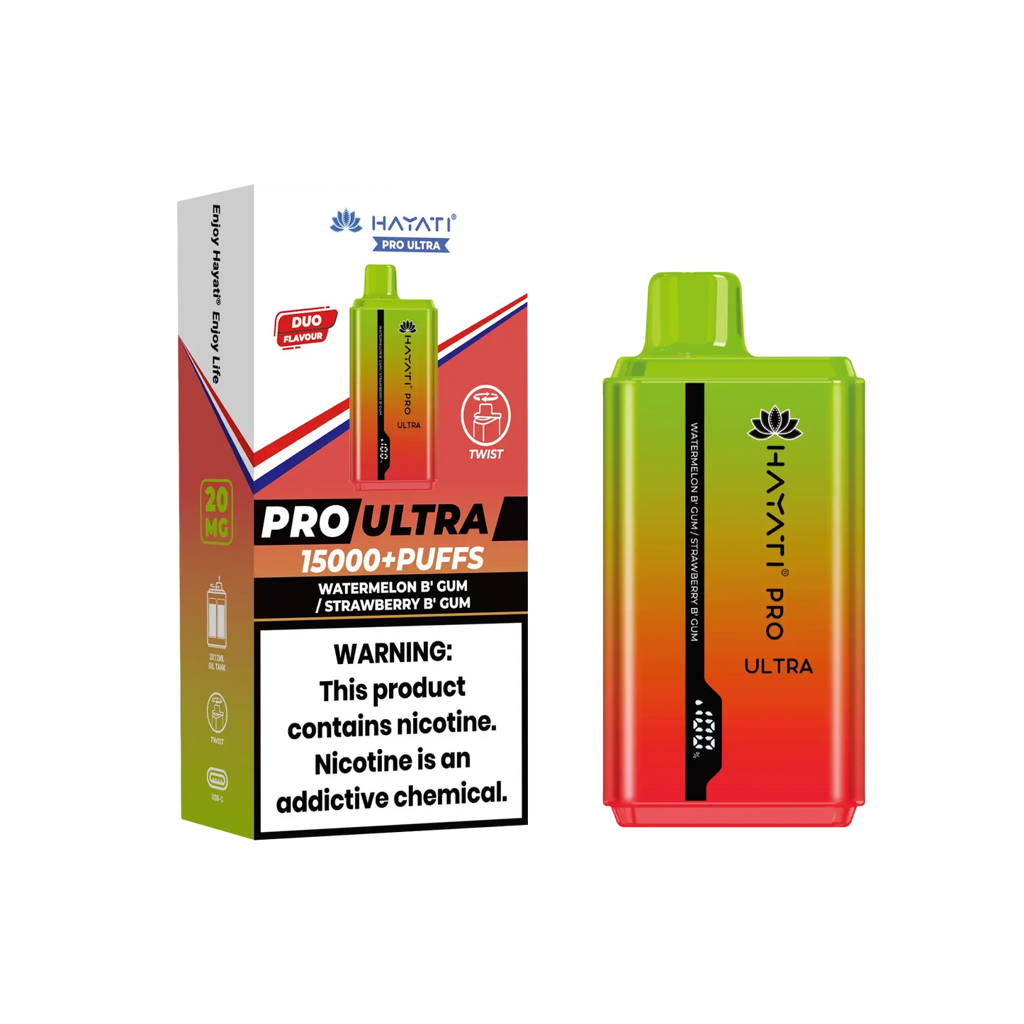 Hayati Pro Ultra Vape with Watermelon & Bubblegum flavor shown next to its box in green and orange colors, detailing flavor profile, puff capacity, and nicotine warning.