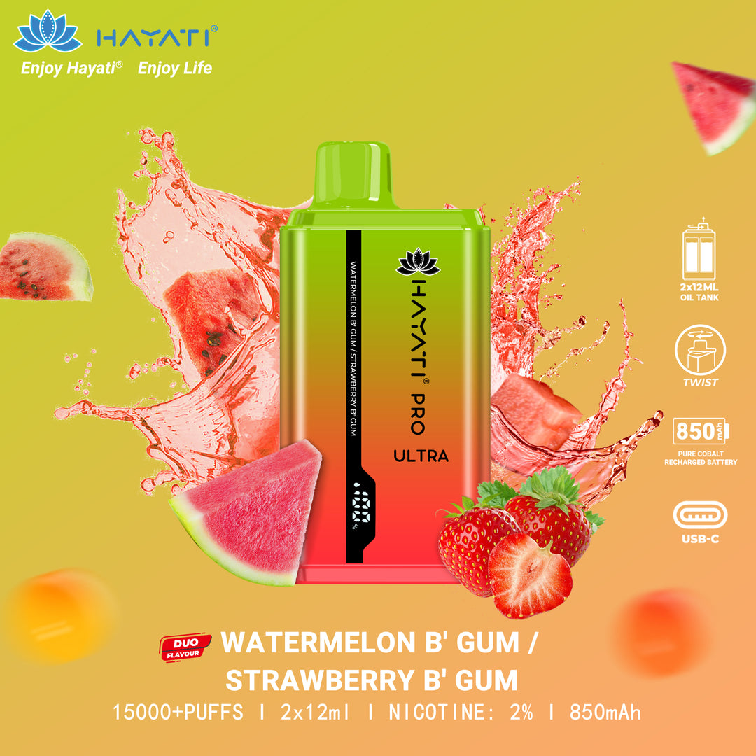 Watermelon Bubblegum / Strawberry Bubblegum Hayati Pro Ultra 15K Puff Disposable Vape