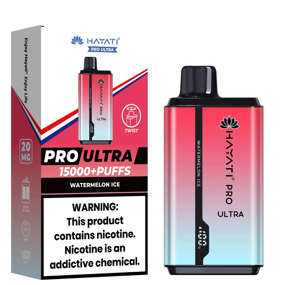 Visual of Hayati Pro Ultra Vape in Watermelon Ice flavor with red and blue gradient design, emphasizing its cool taste, puff count, and health warning.