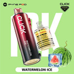 Load image into Gallery viewer, Pyne Pod Click &quot;Watermelon Ice&quot; starter kit, comprising a red and black vape device with flavour label and a 10ml bottle of nicotine e-liquid (20mg/ml), displayed next to a whole watermelon and a watermelon slice inside a clear ice cube, on a bright green background. &quot;Product contains nicotine, a highly addictive substance&quot; is also visible on the e-liquid bottle.
