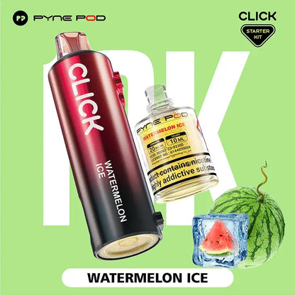 Pyne Pod Click "Watermelon Ice" starter kit, comprising a red and black vape device with flavour label and a 10ml bottle of nicotine e-liquid (20mg/ml), displayed next to a whole watermelon and a watermelon slice inside a clear ice cube, on a bright green background. "Product contains nicotine, a highly addictive substance" is also visible on the e-liquid bottle.
