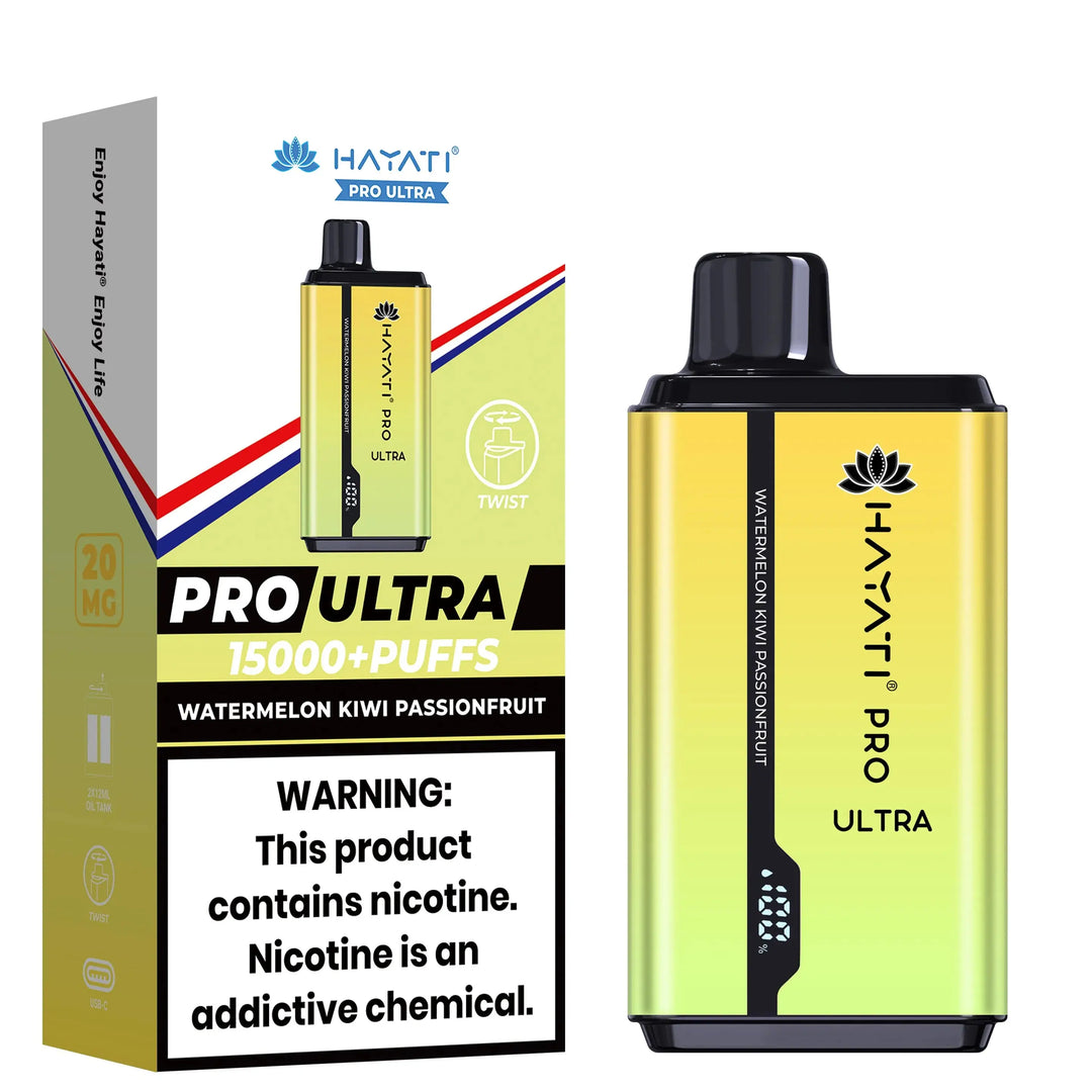 Hayati Pro Ultra Vape packaging and device in Watermelon Kiwi Passionfruit flavor with vibrant yellow and green tones, displaying key features and nicotine content warning.