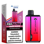 Load image into Gallery viewer, Packaging and device for Hayati Pro Ultra Vape in Watermelon Skittles flavor, showing a sleek design with pink and black gradients, highlighted features, and nicotine warning.
