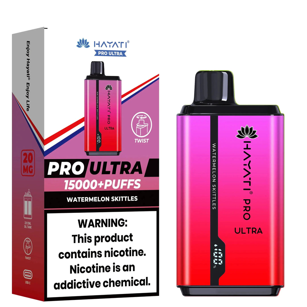 Packaging and device for Hayati Pro Ultra Vape in Watermelon Skittles flavor, showing a sleek design with pink and black gradients, highlighted features, and nicotine warning.