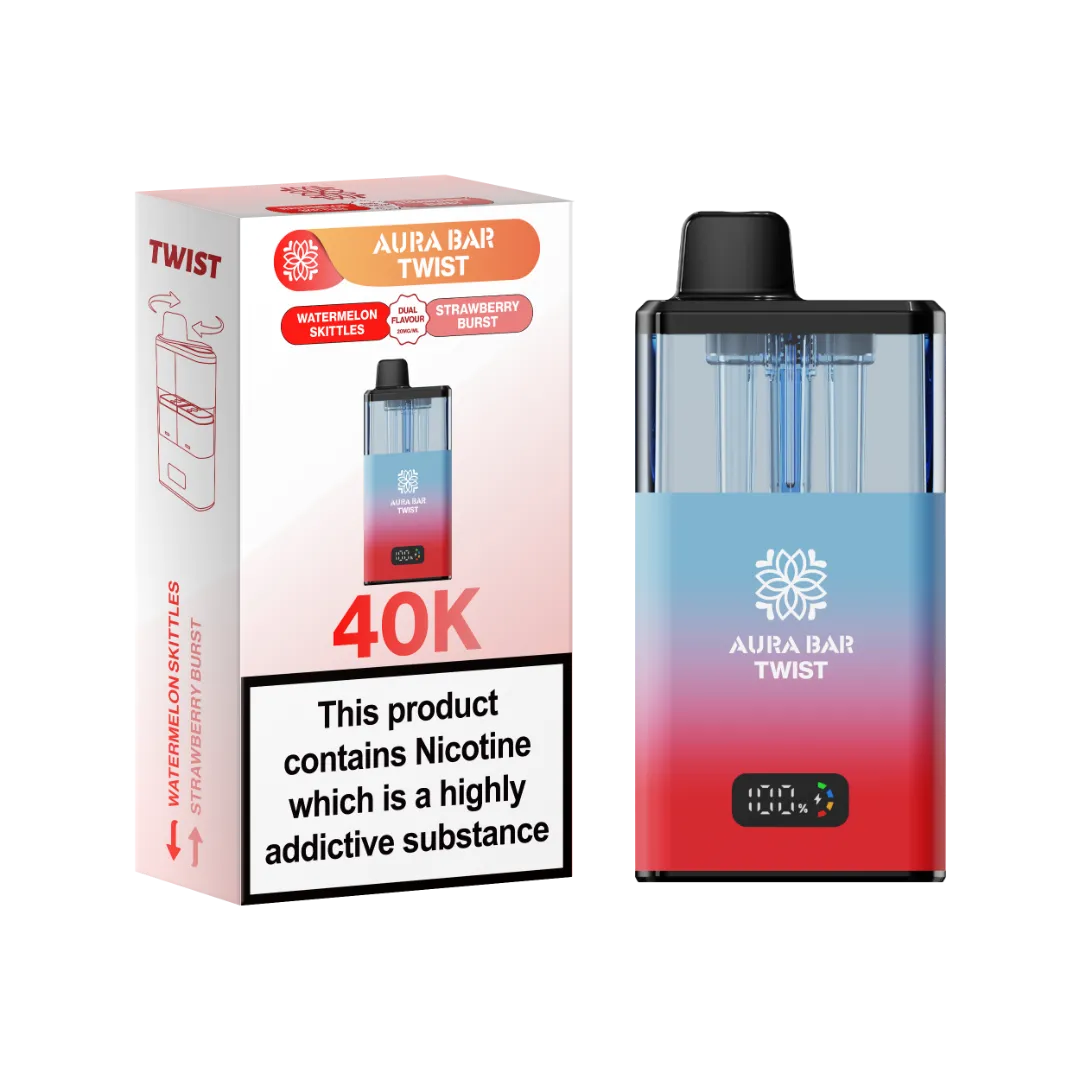 Watermelon Skittles and Strawberry Burst dual flavour vape by Crystal Prime Aura Bar Twist 40K Puff Vape