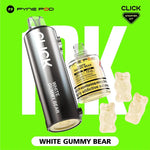 Load image into Gallery viewer, Pyne Pod Click &quot;White Gummy Bear&quot; starter kit, comprising a grey vape device with flavour label and a 10ml bottle of nicotine e-liquid (20mg/ml), displayed next to three white gummy bear candies, on a bright white background. &quot;Product contains nicotine, a highly addictive substance&quot; is also visible on the e-liquid bottle.
