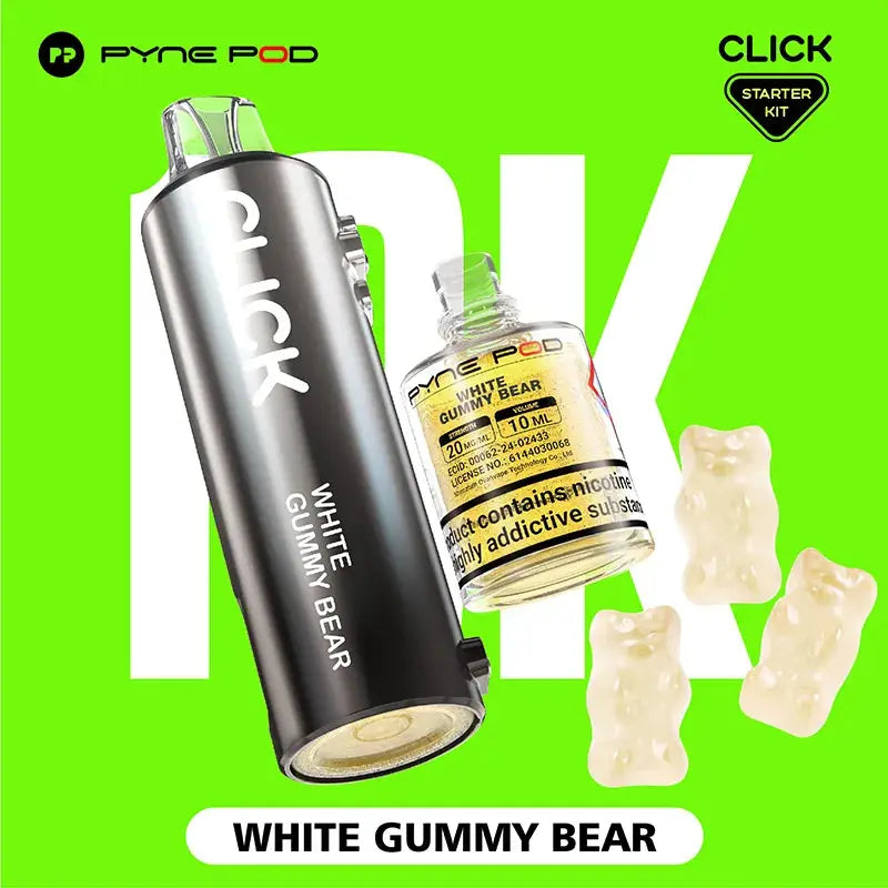 Pyne Pod Click "White Gummy Bear" starter kit, comprising a grey vape device with flavour label and a 10ml bottle of nicotine e-liquid (20mg/ml), displayed next to three white gummy bear candies, on a bright white background. "Product contains nicotine, a highly addictive substance" is also visible on the e-liquid bottle.